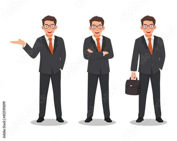 Fototapeta Set of Businessman different poses, holding briefcase, crossed arms and showing hand