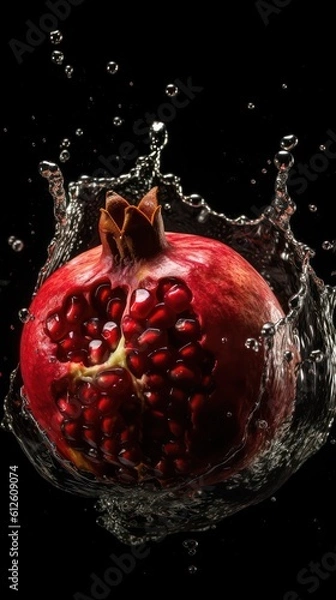 Fototapeta a photo of pomegranate fruit fall in water on black background generative ai