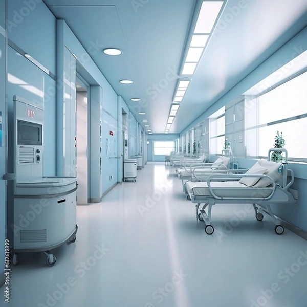 Obraz Modern hospital with information counter and hospital bed in rooms. Generative AI