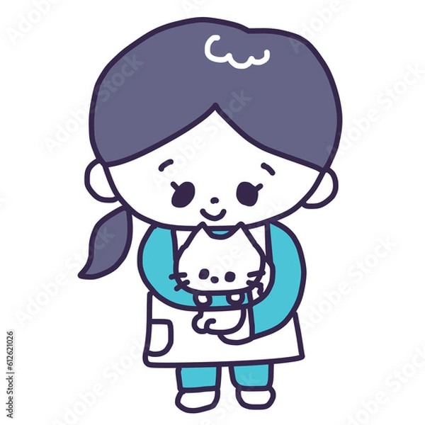 Fototapeta かわいい白い色の子猫を抱っこするペットショップの女性の店員さんのイラスト