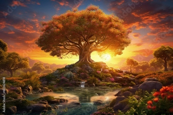 Fototapeta Garden of Eden with Tree of Life, garden at sunset, Generative AI
