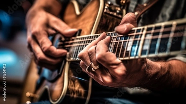 Fototapeta Guitarist hands playing acoustic guitar, close-up view. Generative AI