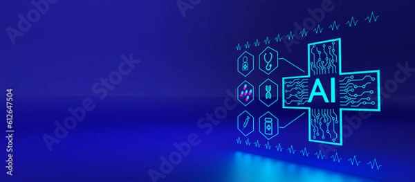 Fototapeta AI in healthcare concept, the transformative impact of AI in the field. AI revolutionizes medicine, enhancing efficiency, research, and accessibility, while fostering breakthrough discoveries