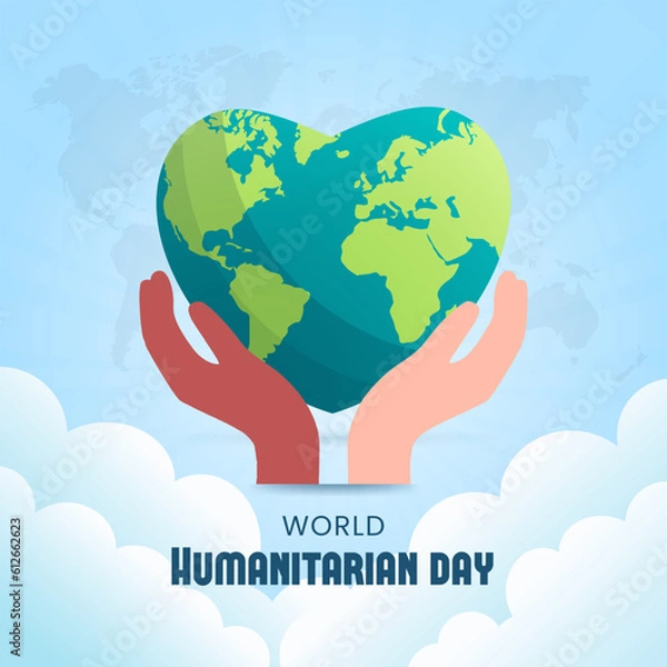 Fototapeta World Humanitarian Day banner with multiple ethnic hands and heart shape globe illustration
