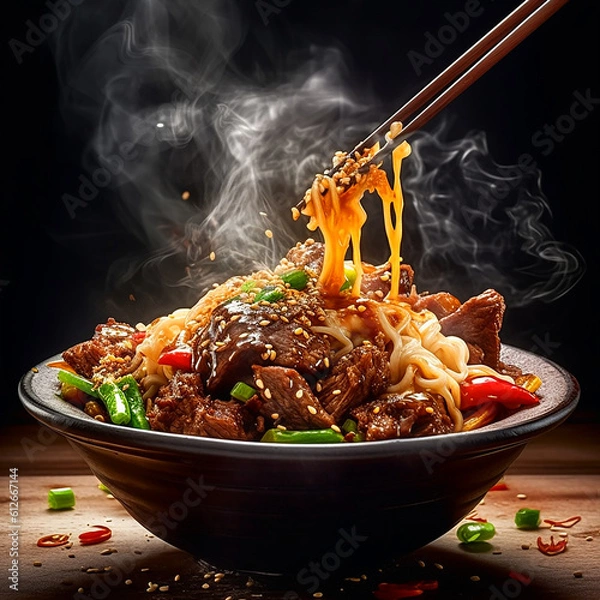Obraz beef plate noodles. Generative AI	
