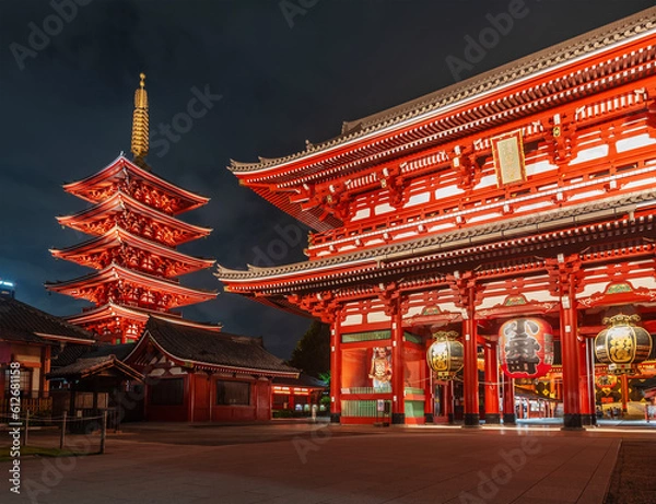Fototapeta Night scenery of Historical landmark The Senso-Ji Temple in Asakusa, Tokyo, Japan. Japanese wordings on the architecture means "Senso-Ji Temple" and the wording on lantern means "kobuna town district"