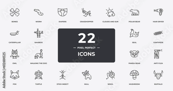 Fototapeta animals outline icons set. thin line icons sheet included bones, diapers, clouds and sun, hair dryer, centipede, turtle, mushroom, buffalo vector.