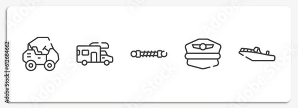 Obraz vehicles and transports outline icons set. thin line icons sheet included all terrain, rv, damper, pilot hat, motorboat vector.
