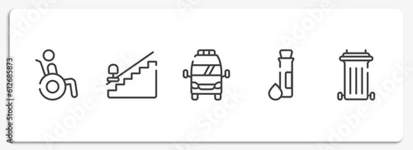 Obraz health outline icons set. thin line icons sheet included wheelchair accesibility, null, frontal ambulance, test tube and drop, recycle bin container vector.