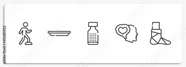Obraz physiotherapy outline icons set. thin line icons sheet included rehabilitation, surgical tray, homeopathy, feelings, broken leg vector.