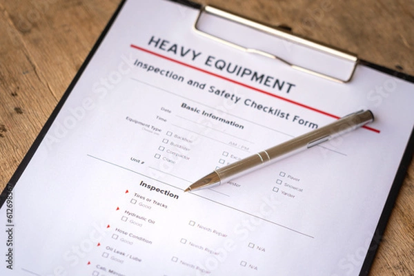 Fototapeta A ballpoint pen is placed on heavy equipment inspection and checklist form. Industrial safety working practive scene and object photo, close-up and selective focus at pen's part.
