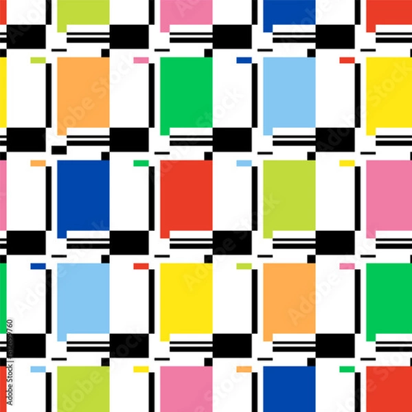 Fototapeta Colored rectangles and black geometric elements. Composition of squares, lines and rectangles. Abstract seamless pattern. Avant-Garde graphic style design. Vector illustration on white background.