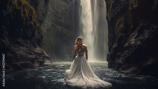 Fototapeta Bride in white dress standing in front of a huge waterfall, fantasy scene,  generative ai