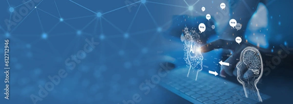 Fototapeta Chatbot conversation Ai Artificial Intelligence technology online customer service.Digital chatbot, robot application, OpenAI generate. Futuristic technology.Virtual assistant on internet.