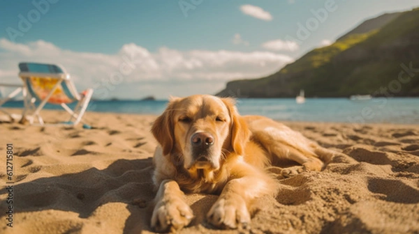 Fototapeta Golden Retriever dog on the beach, Hawaiian style, Summer beach and recreation, beach background, Relaxing on the beach, Dogs on vacation, AI generated