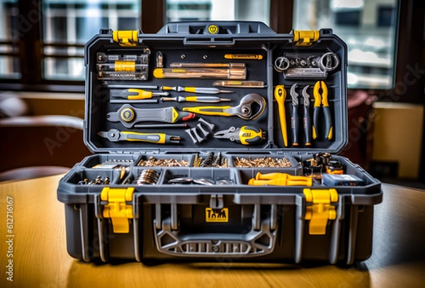 Obraz a toolbox with tools and accesories on a wooden table, generative ai