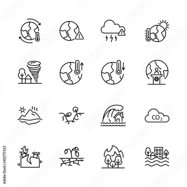 Fototapeta Set of greenhouse effect,  climate change icons, Global warming effect , earthquake, flooding, extreme temperature, ice melting. vector illustration