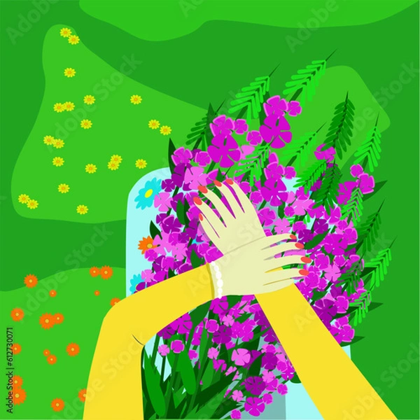 Fototapeta Bundle of hands holding bouquets of wildflowers. Floral set. Stylish decorative design. Blooming flowers. Romantic present for a loved one. All objects are isolated and grouped. Vector Illustration