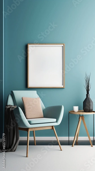 Fototapeta Blank picture frame mockup on blue wall. Modern living room design. For Instagram Story. generative AI