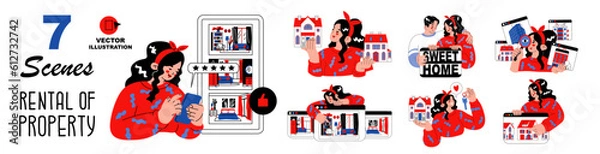 Fototapeta A set of seven scenes on the theme of rental housing. The girl is looking for or renting an apartment through the Internet service. Investment in real estate. Vector illustration isolated.