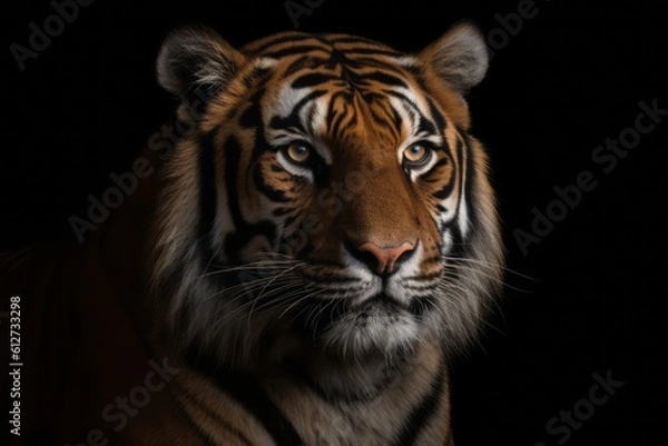 Obraz The tigers face is well focused on a dark backdrop. Generative AI