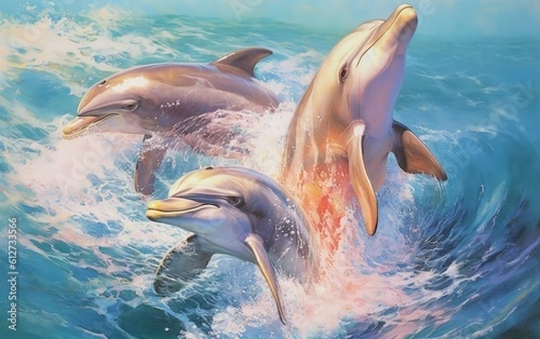 Fototapeta Three dolphins jumping out of the water. Generative AI, Generative, AI