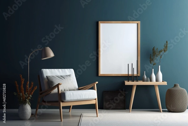 Fototapeta Blank picture frame mockup on blue wall. Modern living room design. generative AI