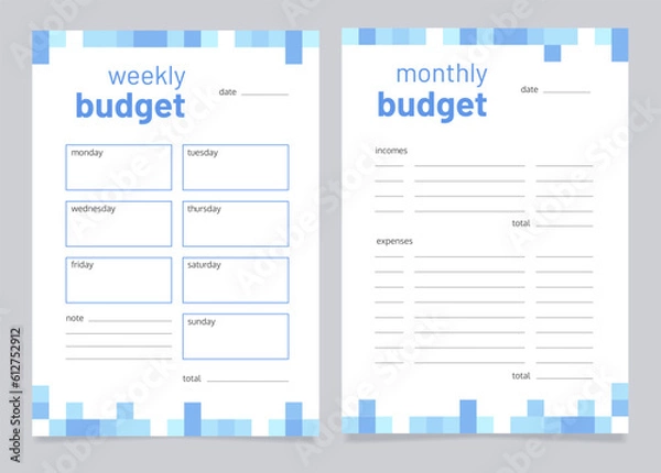 Fototapeta Planning budget worksheet design template. Blank printable goal setting sheet. Time management sample. Editable 2 paper pages for organizing personal tasks. Barlow Bold, Oxygen Regular fonts used