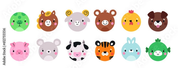 Fototapeta Cartoon funny animals round faces. Fauna avatars. Circle shapes app icons. Snake and bunny muzzles. Mobile application colorful signs. Pet dog and tiger. Garish png mammals heads set