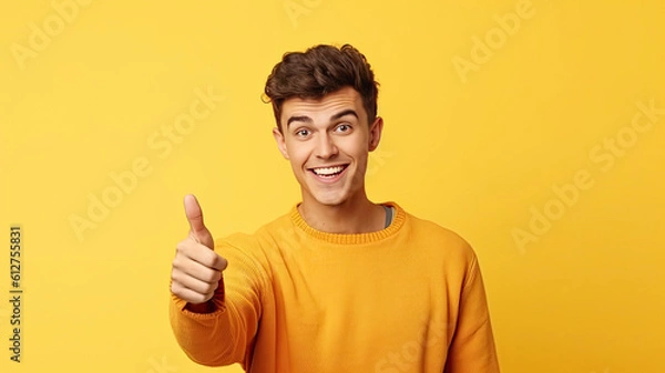 Fototapeta Illustration of a Happy young man in yellow sweater and hat showing thumbs up on yellow background, copy space, ai generative