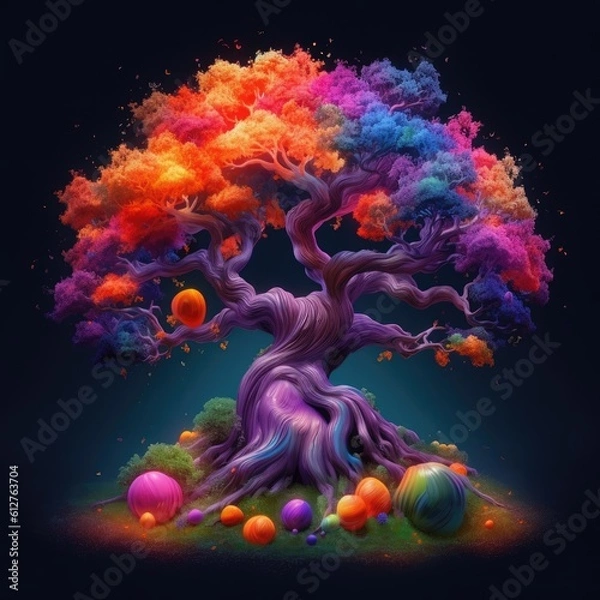 Obraz A tree surrounded by many different colors Generative Ai