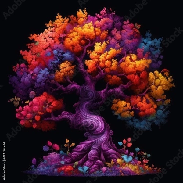 Obraz A tree surrounded by many different colors Generative Ai