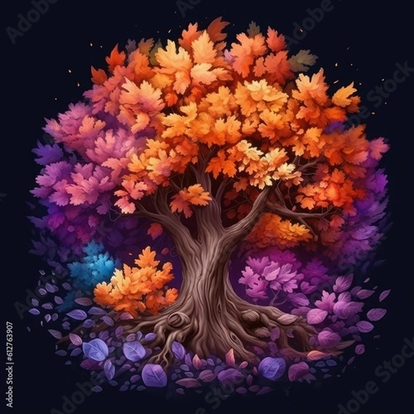 Obraz A tree surrounded by many different colors Generative Ai