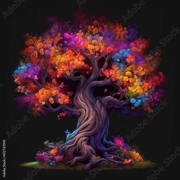 Obraz A tree surrounded by many different colors Generative Ai