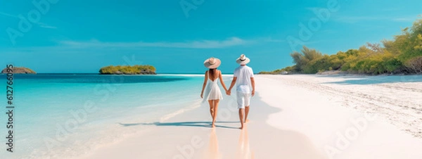 Obraz young couple walking on white sand beach on paradise island. Generative AI,