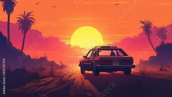 Fototapeta Summer vibes 80s style illustration with car driving into sunset. Generative AI