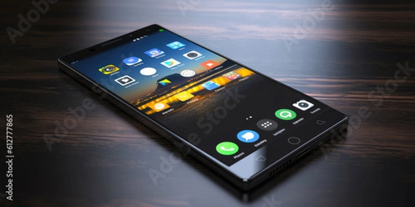 Fototapeta A black smartphone with an overlay of images and icons on it