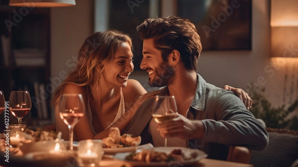 Obraz Happy young couple in love having romantic dinner date with candles sitting at table created with generative AI technology