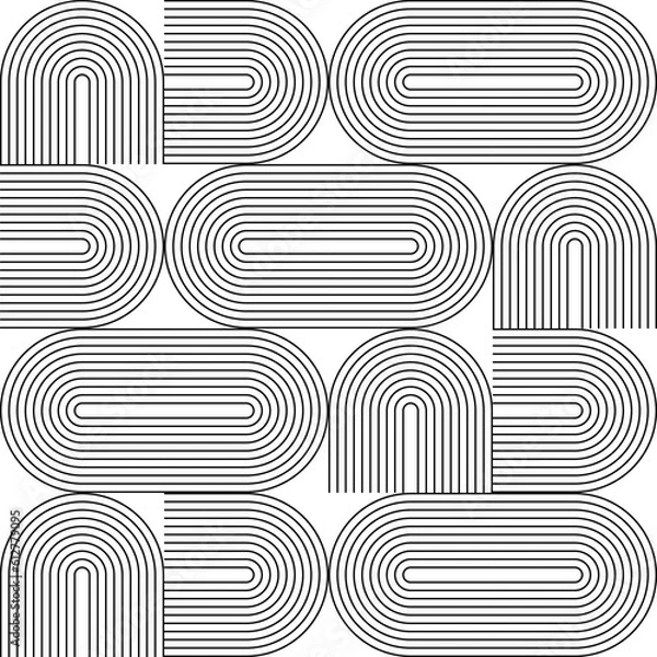 Fototapeta Modern vector abstract seamless geometric pattern with semicircles and circles in retro  style. Black u shapes on white background. Minimalist  illustration in Bauhaus style with simple shapes.