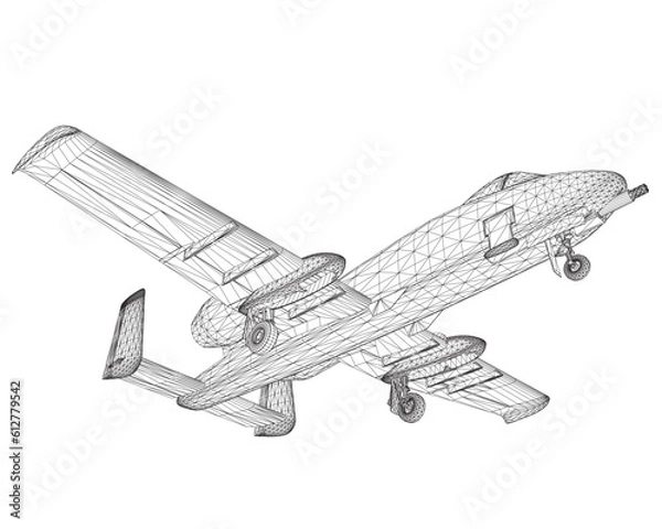 Fototapeta Wireframe Combat aircraft in isolate on a white background. Modern combat aircraft. Stylized image of a fighter jet on a white background. Vector image for prints, poster and illustrations. 3D..