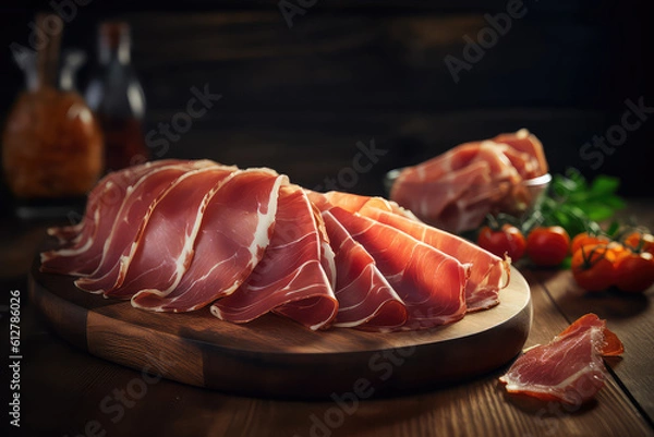Obraz Thin slices of prosciutto, composition with vegetables on wooden cutting board, black background. Delicious bacon. Generative AI professional photo imitation.