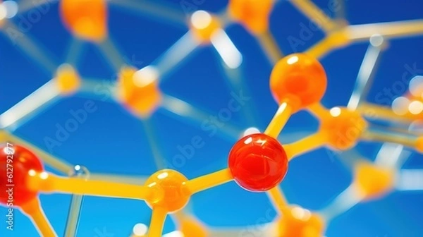 Fototapeta Complex molecular structure with spherical particles. Futuristic technology style. Generative AI. Illustration for banner, poster, cover, brochure or presentation.