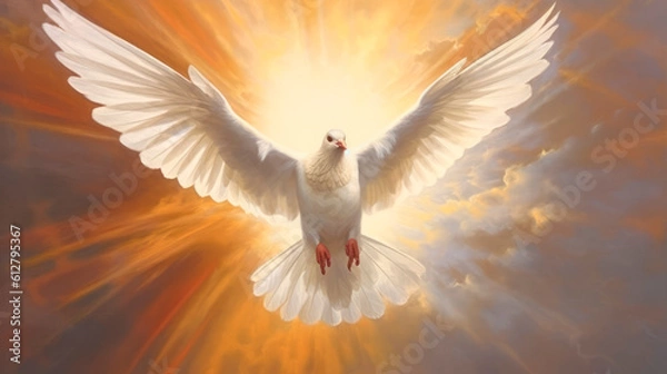 Obraz A white dove flies and to symbolise the Holy Spirit and Pentecost. Generative AI