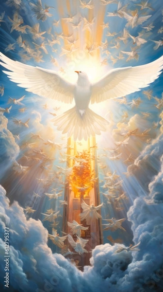 Obraz A white dove flies and to symbolise the Holy Spirit and Pentecost. Generative AI