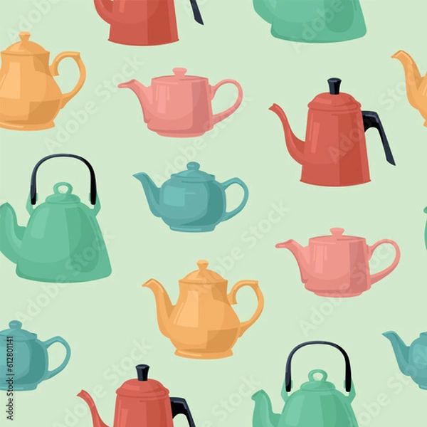 Fototapeta Pattern of colored teapots. Vector image.