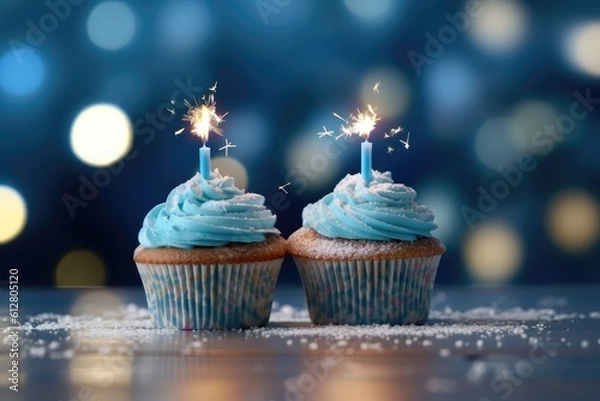 Fototapeta A birthday cupcake with candles on a blue background. Generative AI