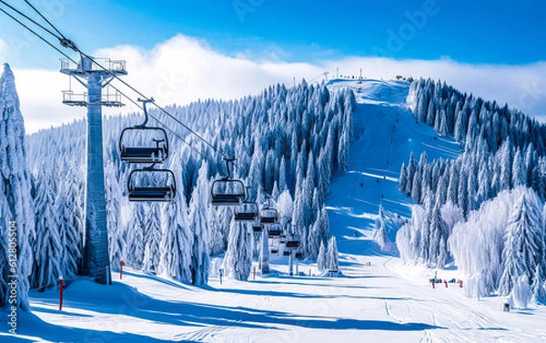 Obraz A snowy mountainside ski lifts in the middle ground and fur trees