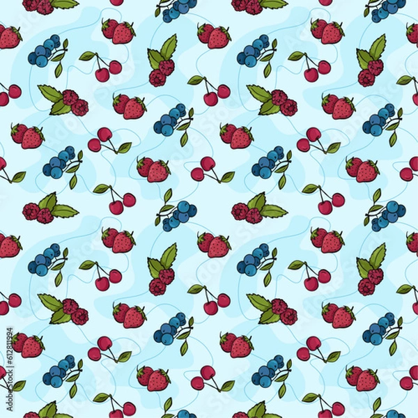 Obraz Seamless vector pattern with cartoon hand drawn fruits and berries. Vector illustration. Suitable for wallpaper, print, t-shirt, banner, pattern.