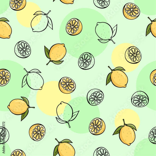 Obraz Seamless vector pattern with cartoon hand drawn fruits and berries. Vector illustration. Suitable for wallpaper, print, t-shirt, banner, pattern.
