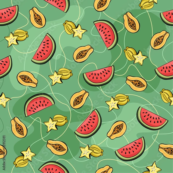 Obraz Seamless vector pattern with cartoon hand drawn fruits and berries. Vector illustration. Suitable for wallpaper, print, t-shirt, banner, pattern.